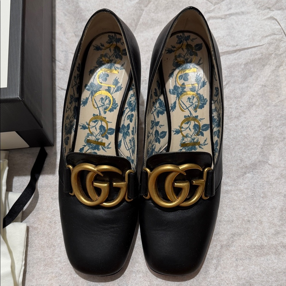 Gucci Black Heel loafers with Gold GG Emblem